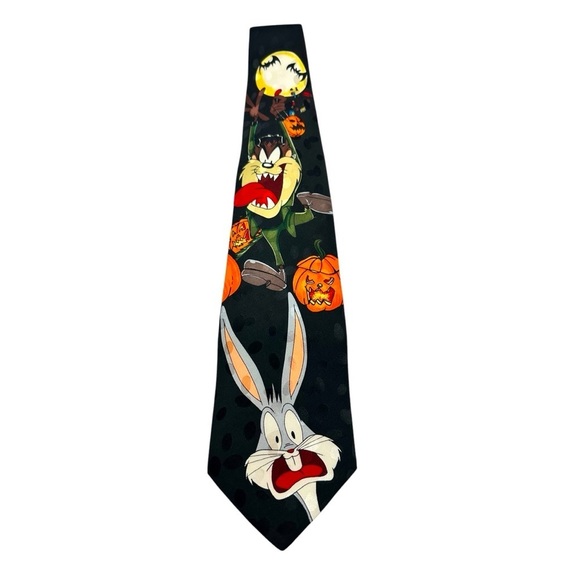 Warner Bros. Other - Looney Tunes Mania Tie Halloween Taz And Bugs Bunny Pumpkins Bats Full Moon Vtg